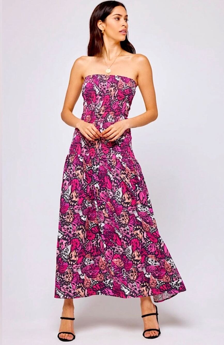L*Space Lila Strapless Maxi Dress Wings N Things Pink Butterfly Print Small NWT